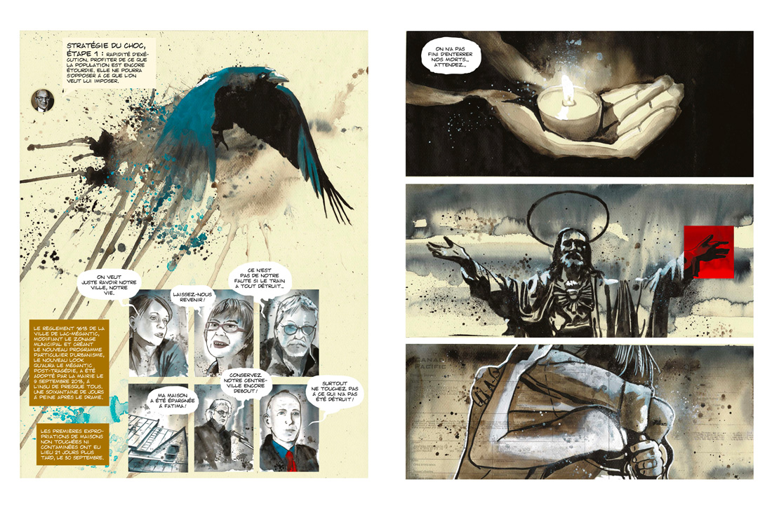 image Mégantic,-un-train-dans-la-nuit,-extrait,-aquarelle-sur-papier,-33,87-cm-x-50,8-cm,-scénario--Anne-Marie-Saint-Cerny,-éditions-Écosociété,-2021